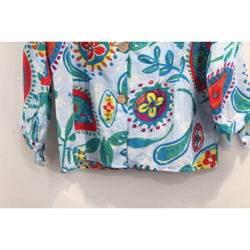 Hester Orchard Linen Blend Top Womens size L Blue Floral Topical Summer Blouse - Picture 3 of 10